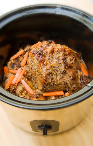 Food being cooked in slow cooker to test how well it preforms